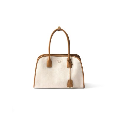 PRADA MEDIUM LINEN BLEND AND LEATHER TOTE BAG 1BG572 (35*22*18cm)